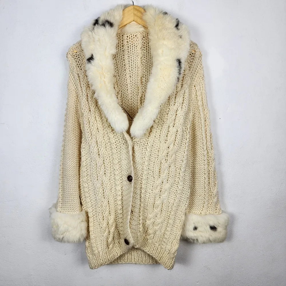 Cardigan Casaco Lã Cru Anos 80 Gola Pele Natural Vintage