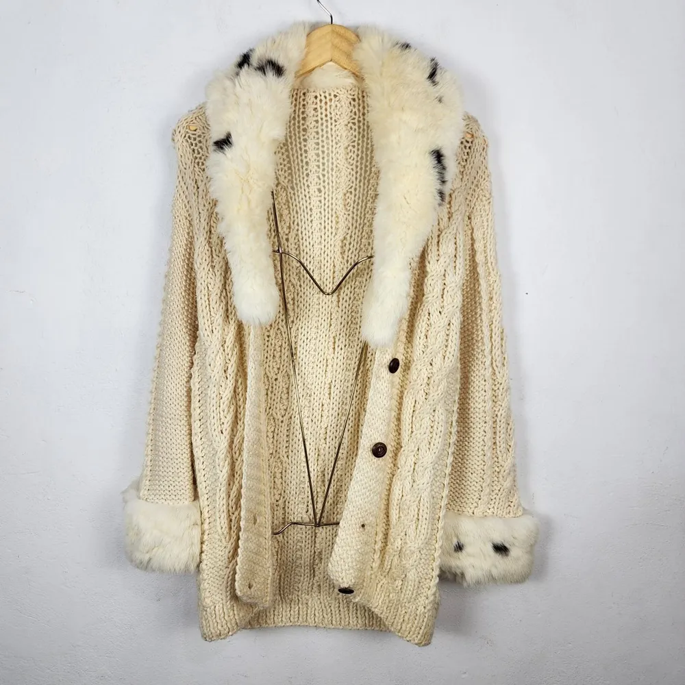 Cardigan Casaco Lã Cru Anos 80 Gola Pele Natural Vintage