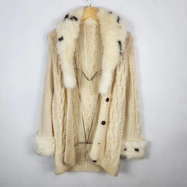 Cardigan Casaco Lã Cru Anos 80 Gola Pele Natural Vintage