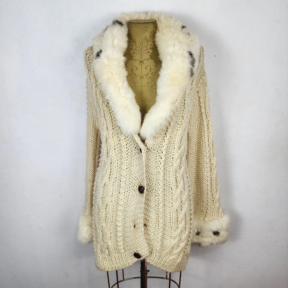 Cardigan Casaco Lã Cru Anos 80 Gola Pele Natural Vintage