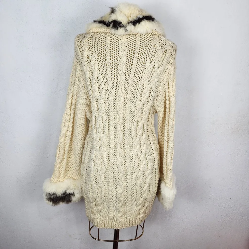 Cardigan Casaco Lã Cru Anos 80 Gola Pele Natural Vintage