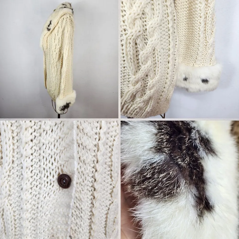Cardigan Casaco Lã Cru Anos 80 Gola Pele Natural Vintage