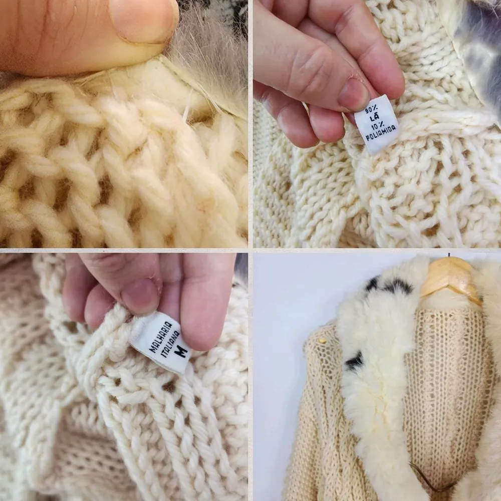 Cardigan Casaco Lã Cru Anos 80 Gola Pele Natural Vintage