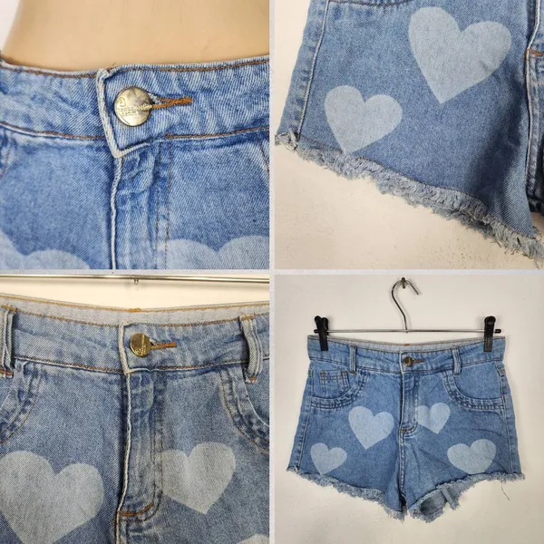 Shorts Jeans Feminino Cintura Alta com Corações Tamanho P