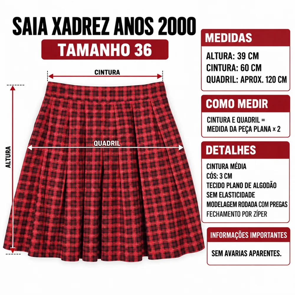 Saia Xadrez Vermelha Anos 2000 Tamanho 36 com Pregas