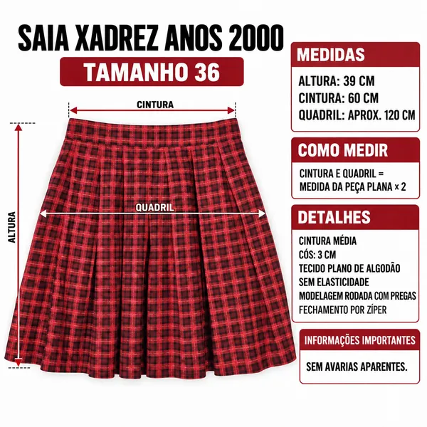 Saia Xadrez Vermelha Anos 2000 Tamanho 36 com Pregas