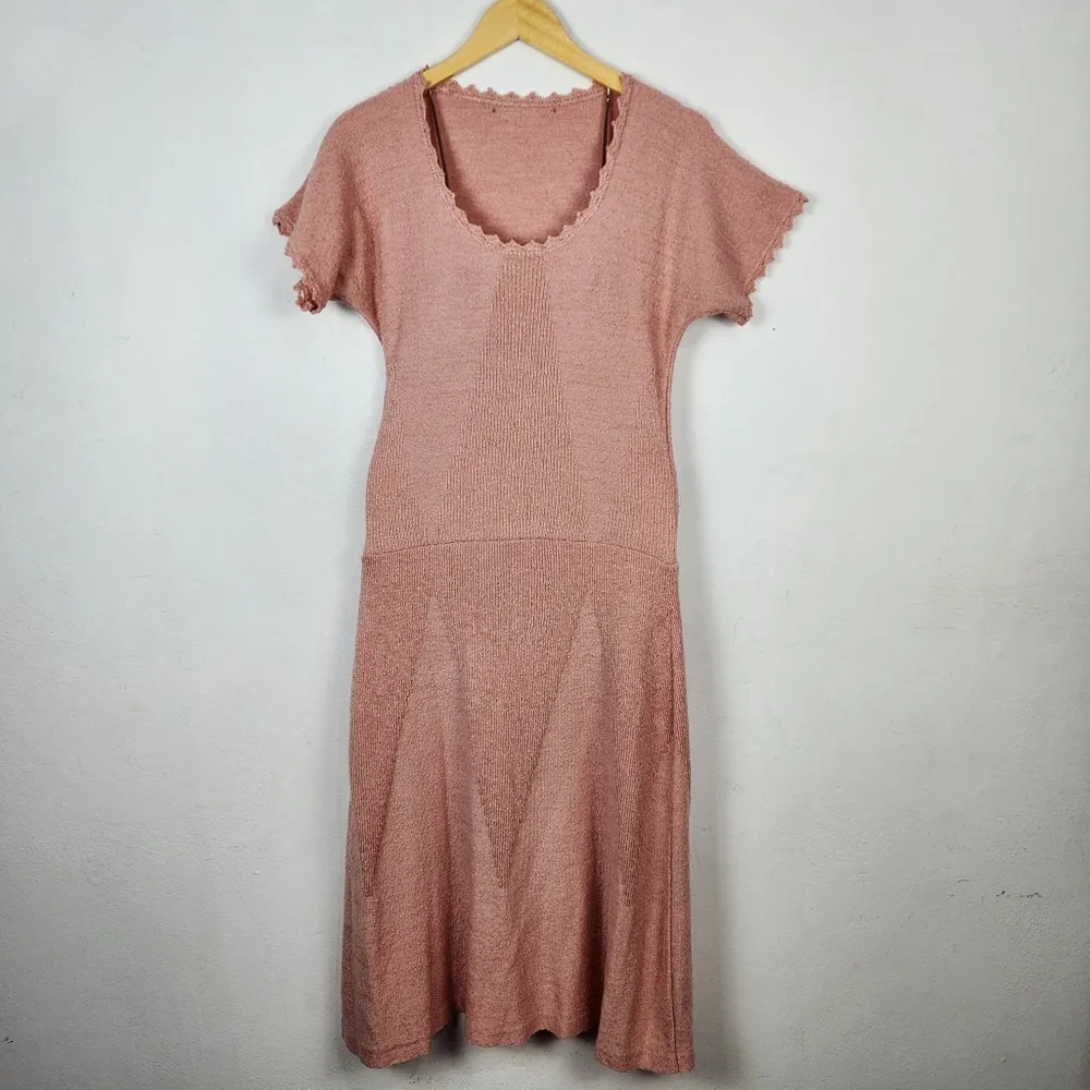 Vestido Vintage Anos 70 Rosa Queimado Tricô Bouclé