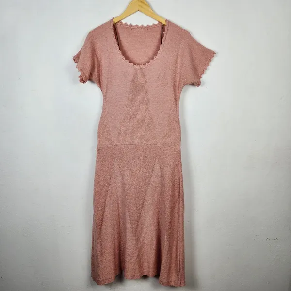 Vestido Vintage Anos 70 Rosa Queimado Tricô Bouclé
