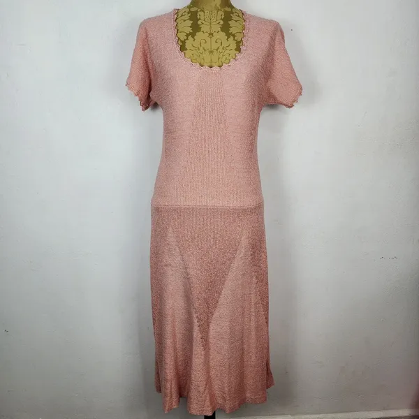 Vestido Vintage Anos 70 Rosa Queimado Tricô Bouclé