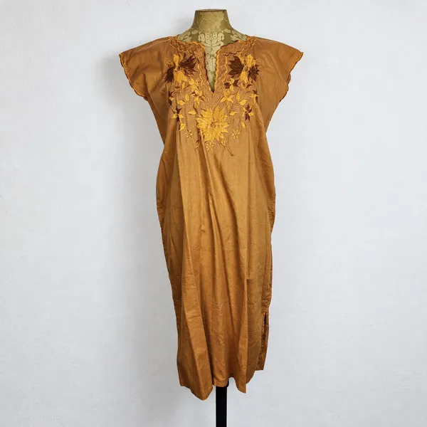 Vestido Vintage Anos 80 Marrom Caramelo Bordado Floral