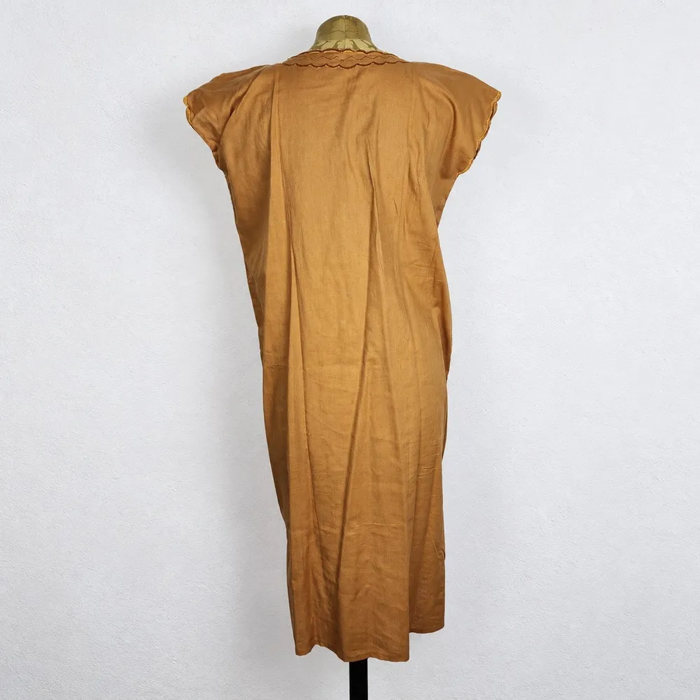 Vestido Vintage Anos 80 Marrom Caramelo Bordado Floral