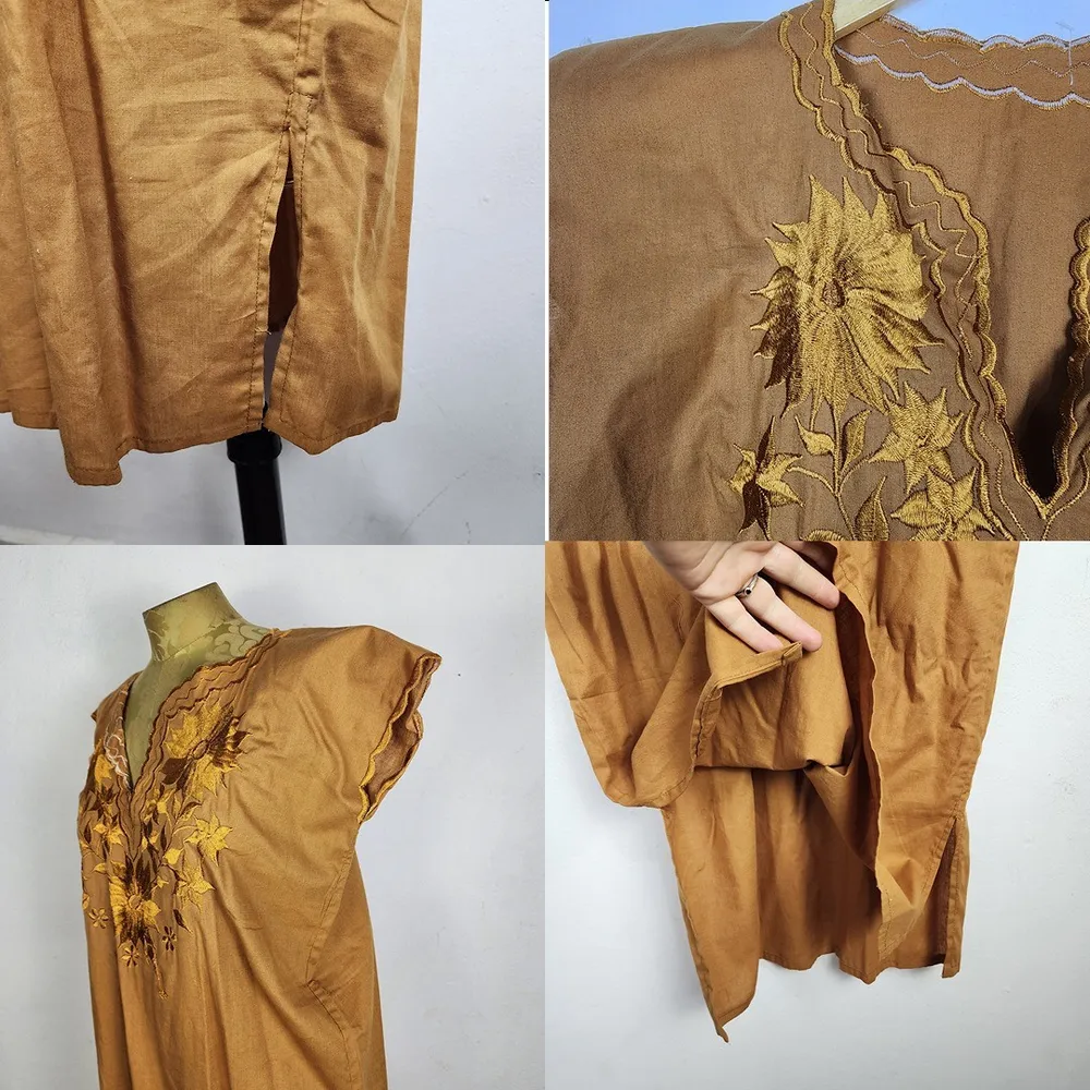 Vestido Vintage Anos 80 Marrom Caramelo Bordado Floral