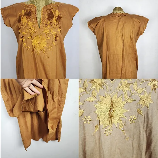 Vestido Vintage Anos 80 Marrom Caramelo Bordado Floral