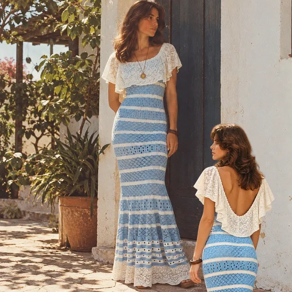 Vestido Longo Tricô Artesanal Azul Claro e Branco Tamanho P