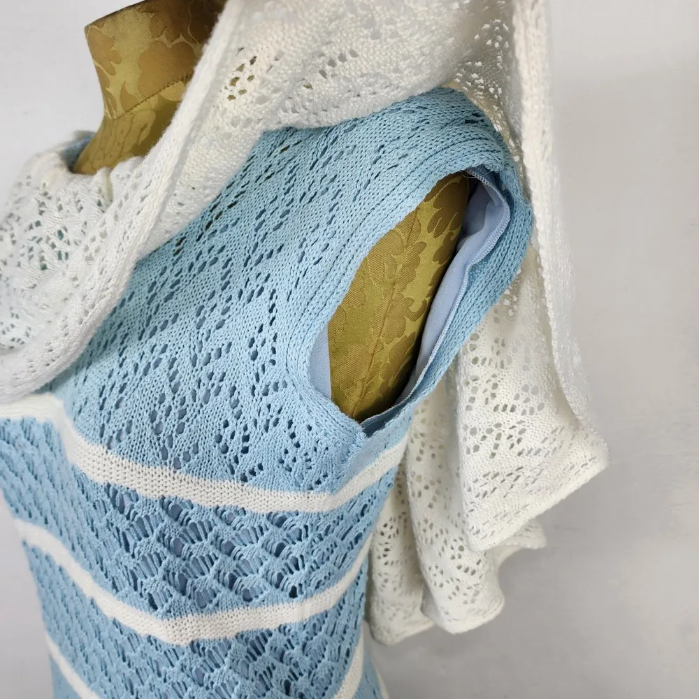 Vestido Longo Tricô Artesanal Azul Claro e Branco Tamanho P