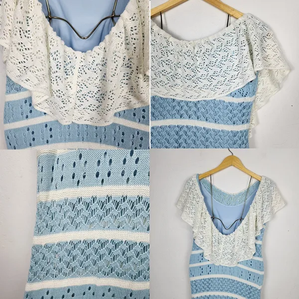 Vestido Longo Tricô Artesanal Azul Claro e Branco Tamanho P