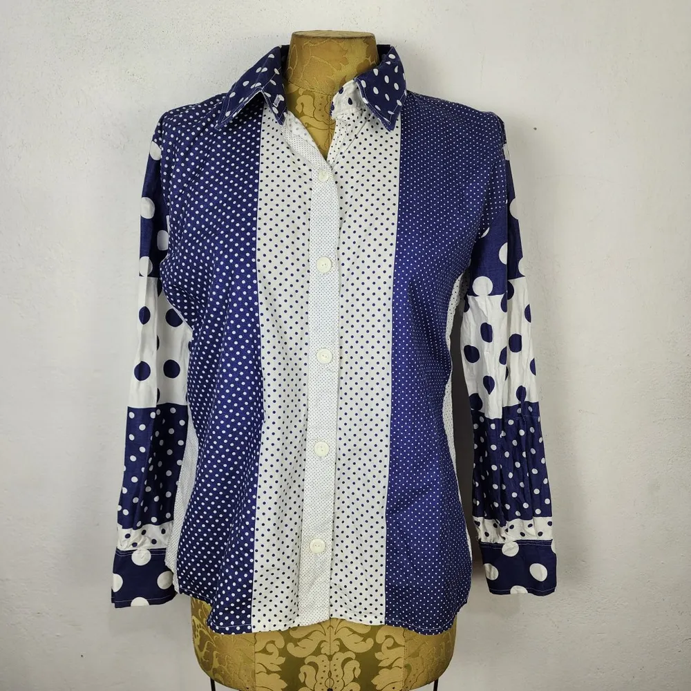 Camisa Vintage Anos 70 Feminina P Azul Branco Poá Geométrica