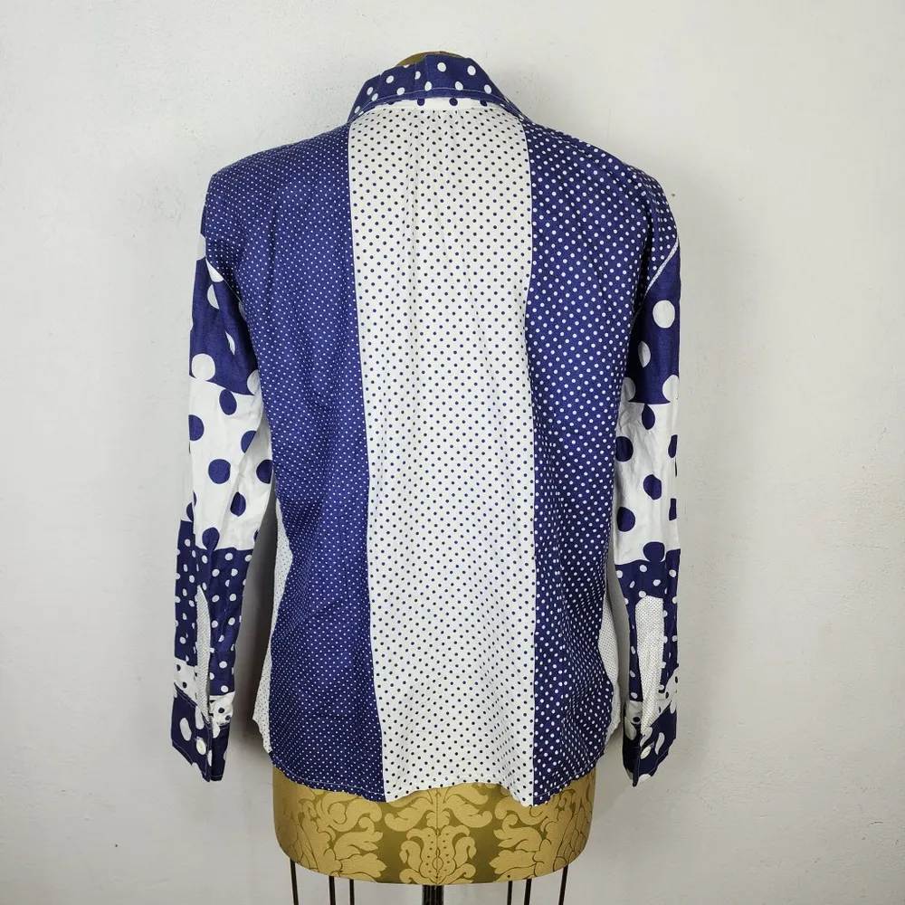 Camisa Vintage Anos 70 Feminina P Azul Branco Poá Geométrica
