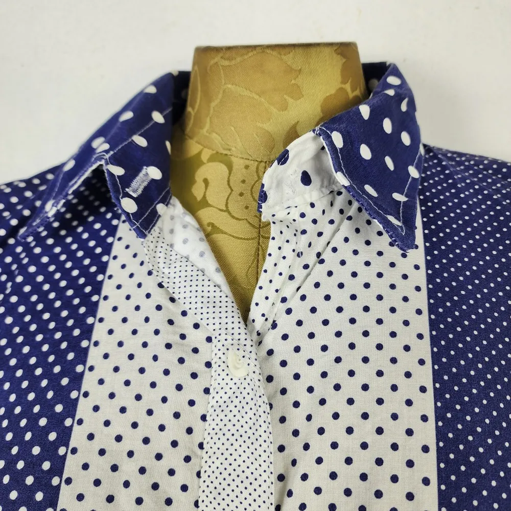 Camisa Vintage Anos 70 Feminina P Azul Branco Poá Geométrica