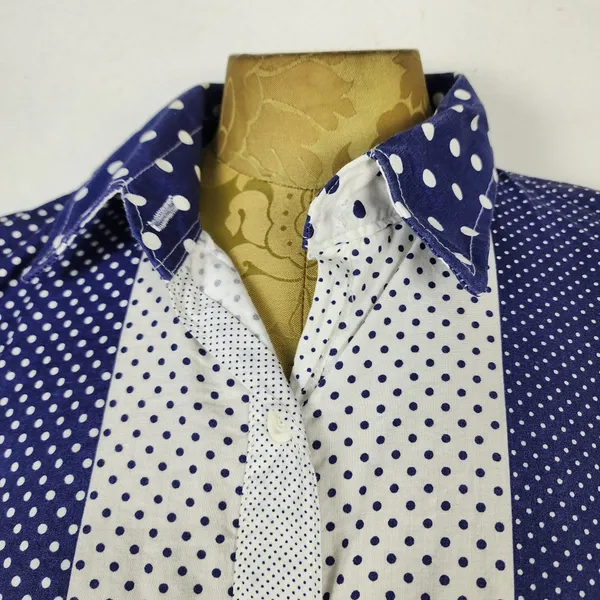 Camisa Vintage Anos 70 Feminina P Azul Branco Poá Geométrica