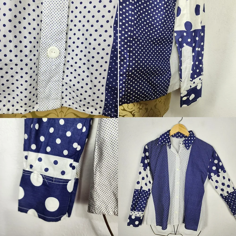 Camisa Vintage Anos 70 Feminina P Azul Branco Poá Geométrica