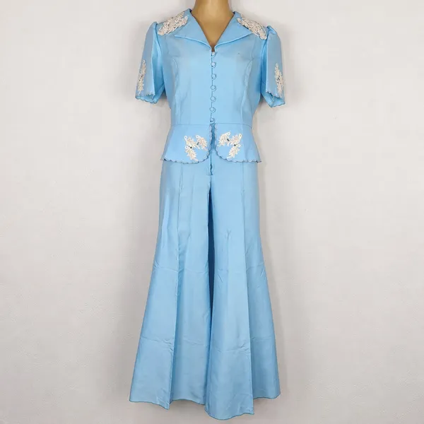 Conjunto Vintage Original Anos 70 Azul Pastel Blusa Bordada