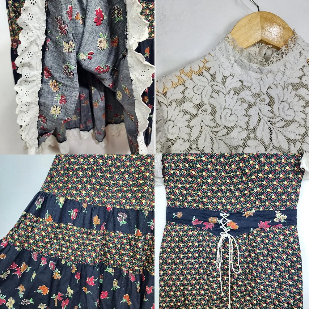 Vestido Vintage Anos 70 Bobbie Brooks Longo Floral Renda