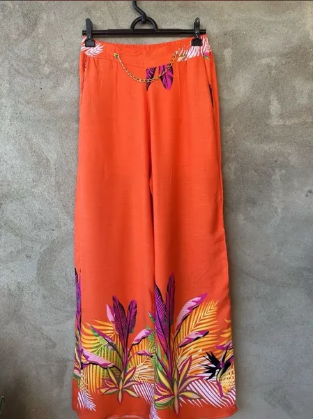 calca pantalona laranja tropical