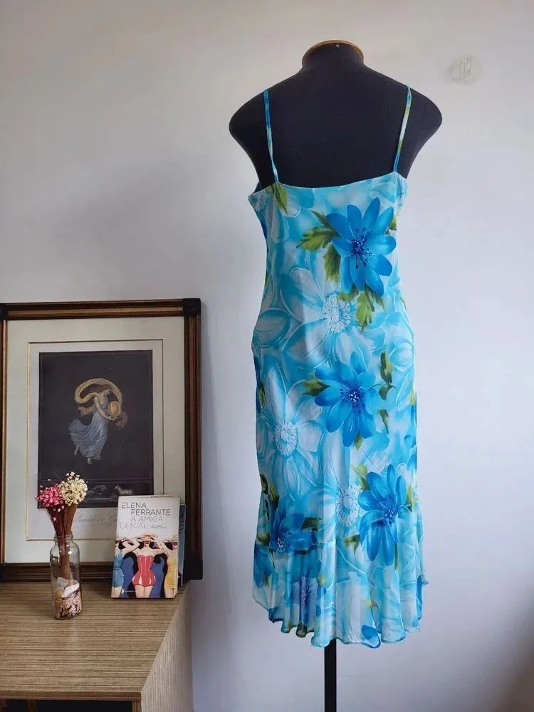 vestido azul floral vintage tam M