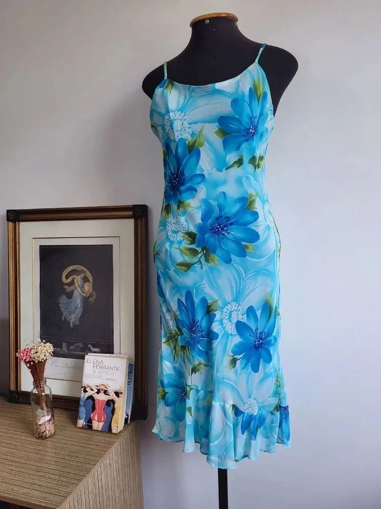 vestido azul floral vintage tam M