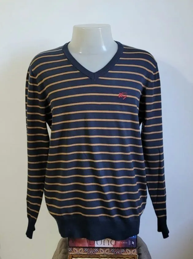 blusa tng listrada azul e dourado