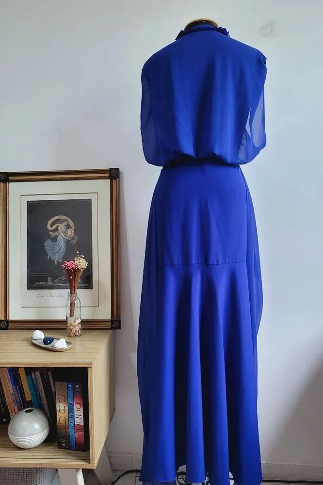 vestido azul festa drapeado
