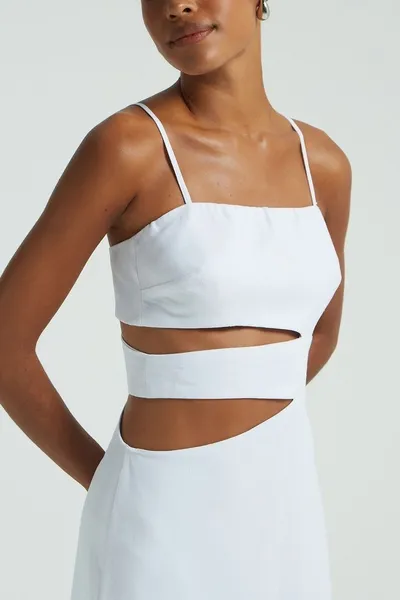 vestido midi recortes linho branco