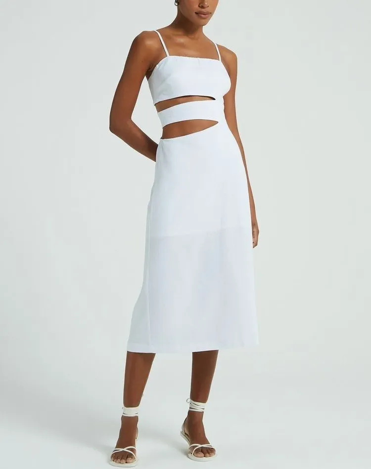 vestido midi recortes linho branco