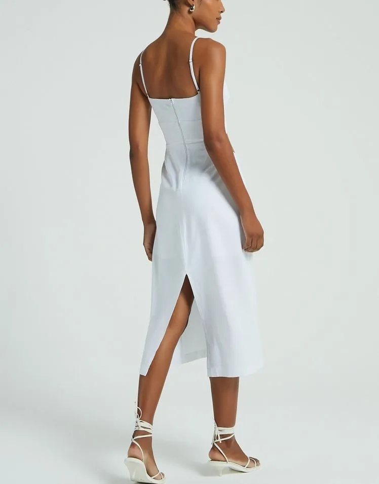 vestido midi recortes linho branco