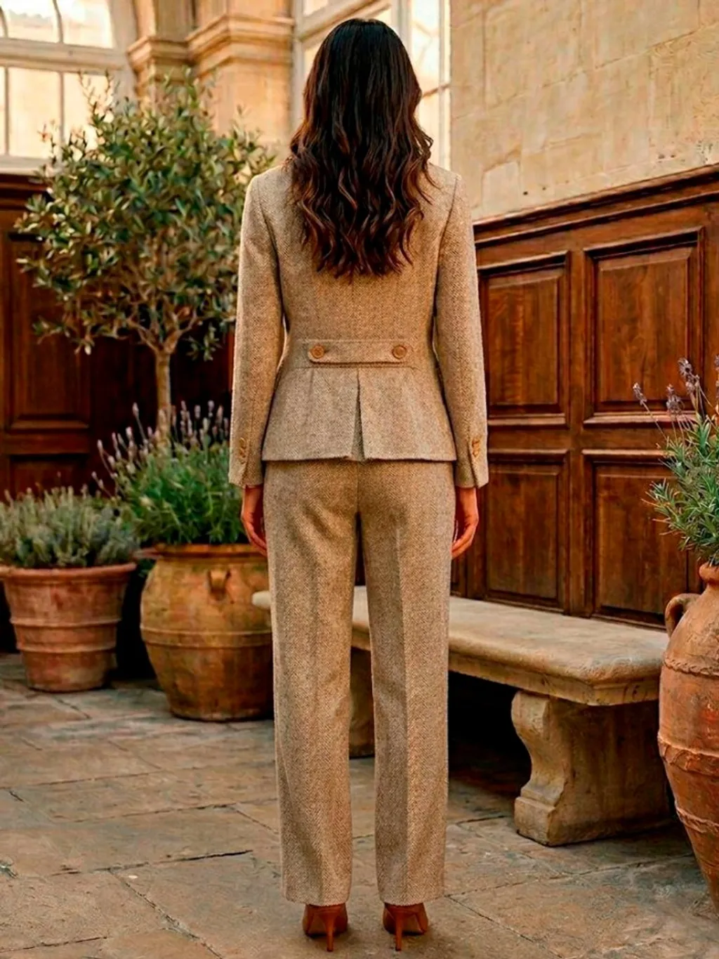 Conjunto de Alfaiataria Blazer e Calça de Tweed Bege - ZARA - Ta