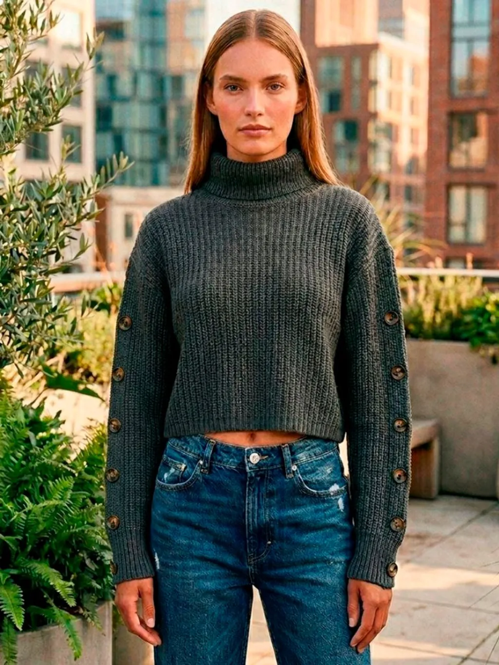 Suéter Cropped Cinza Botões - Tam. M