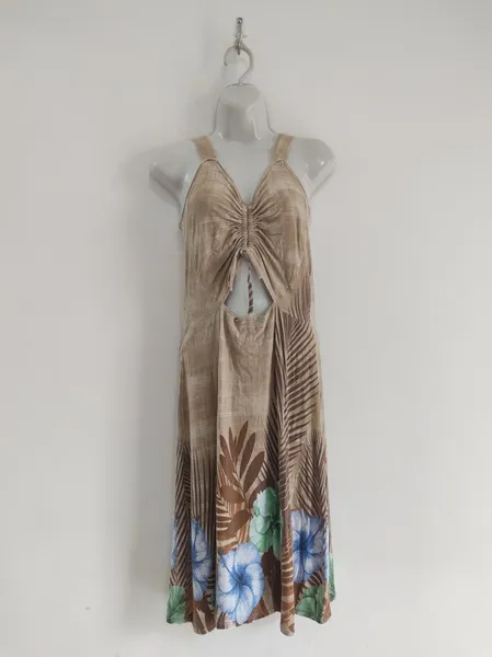 Vestido Marrom Estampado Midi - Tam. M