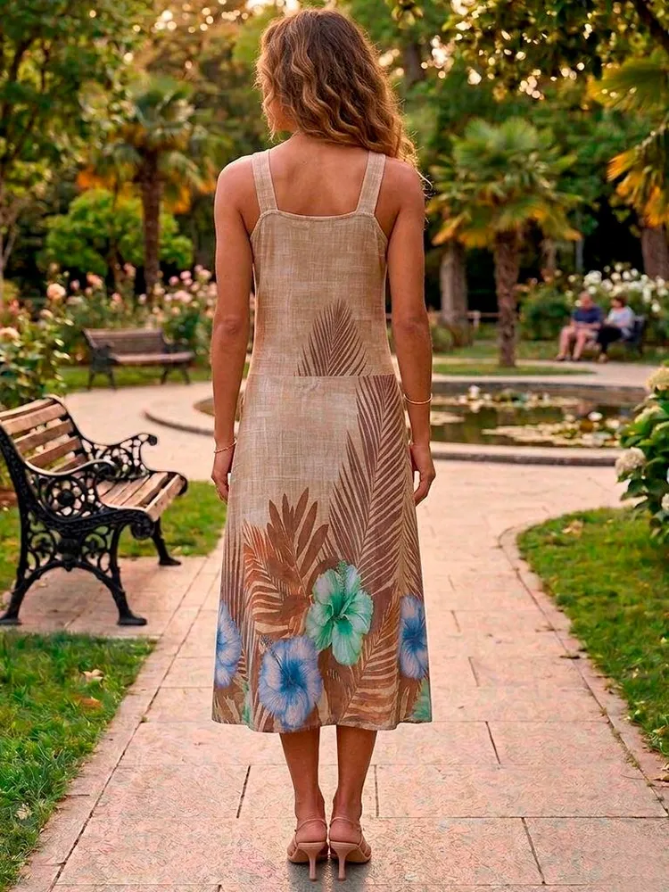 Vestido Marrom Estampado Midi - Tam. M