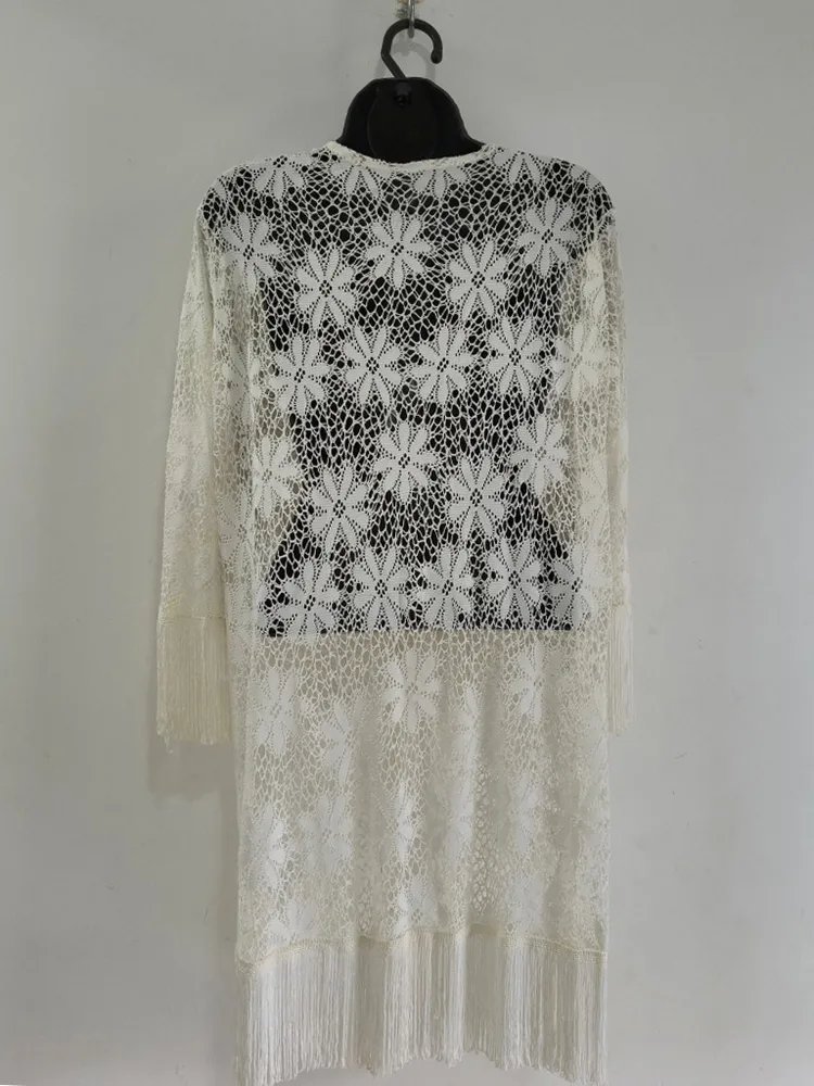Kimono Alongado de Renda com Franjas - Tam. Único