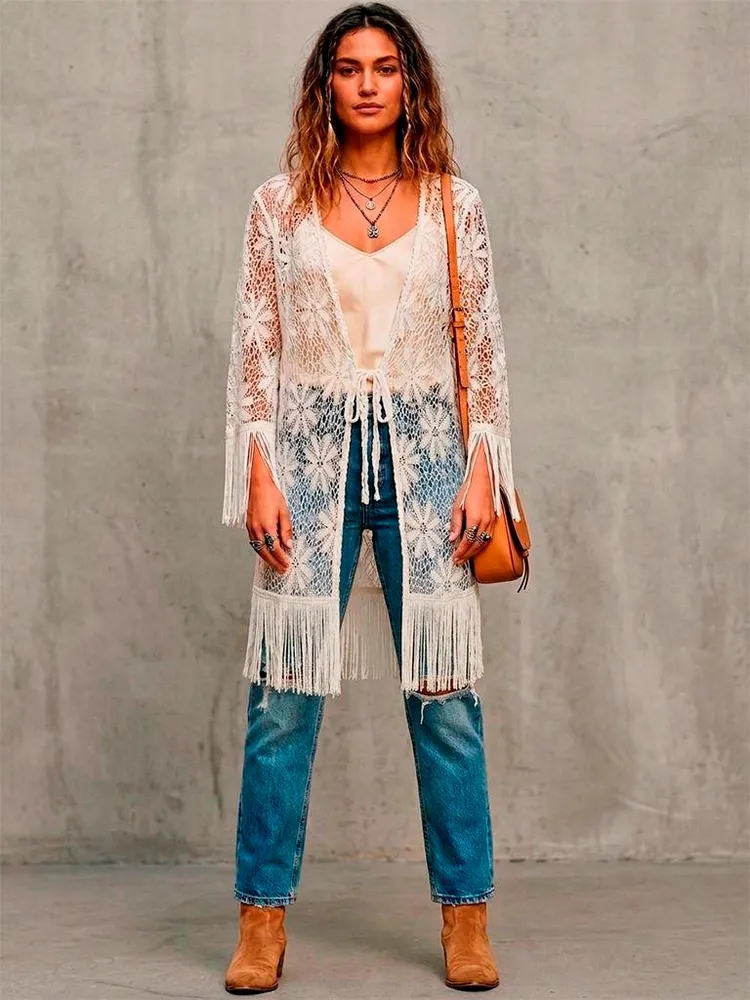 Kimono Alongado de Renda com Franjas - Tam. Único