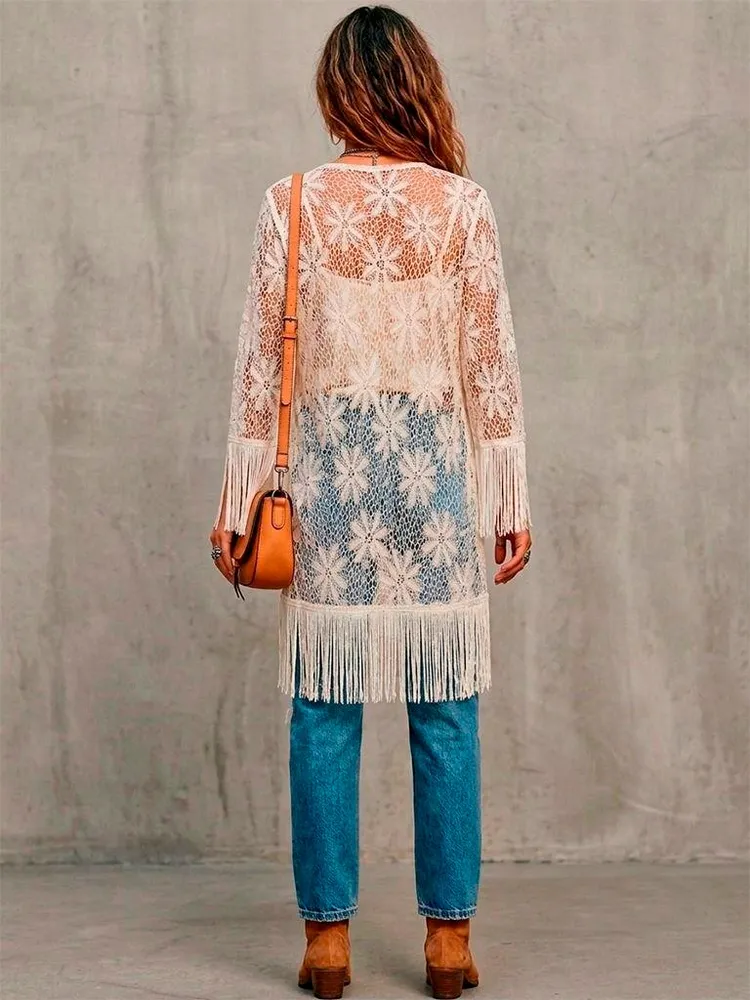 Kimono Alongado de Renda com Franjas - Tam. Único