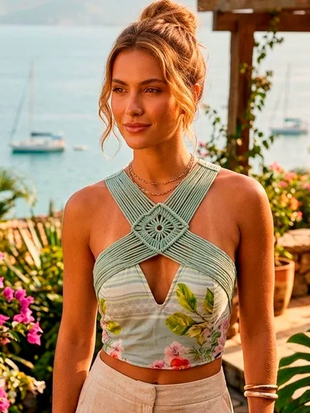 Cropped Estampado com Detalhe em Trama - Tam. M