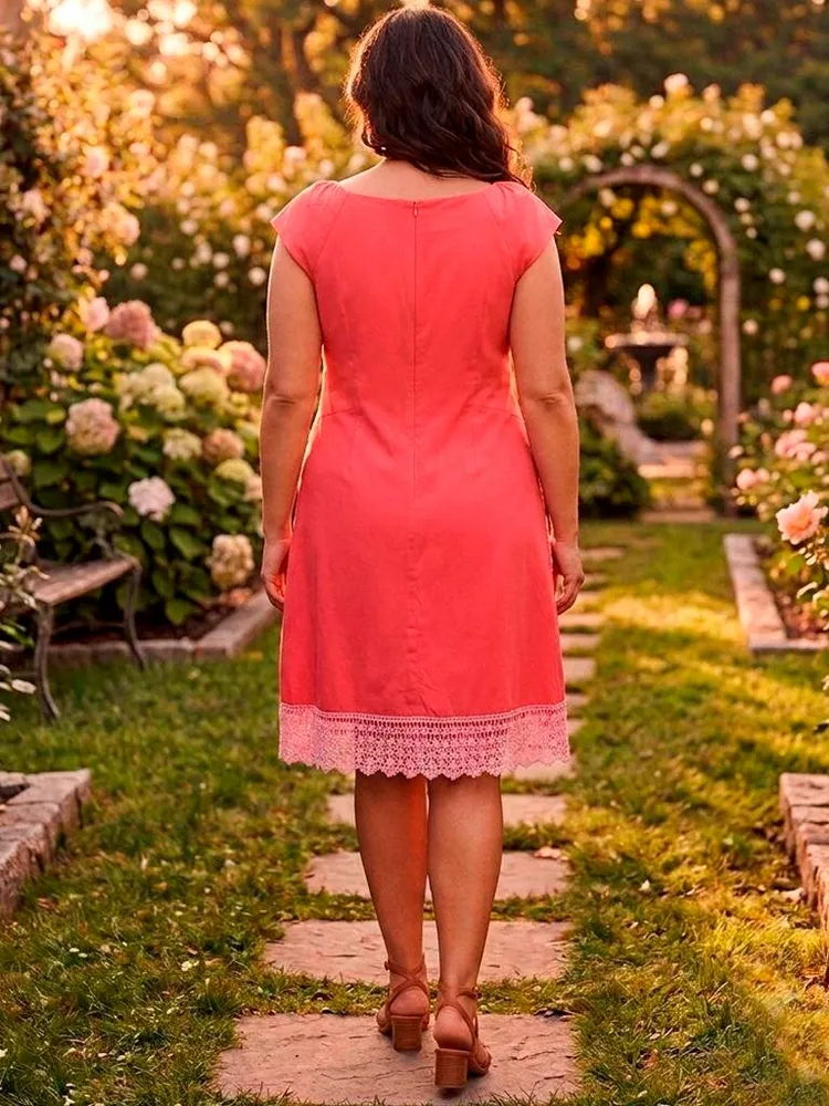 Vestido de Algodão Midi Coral com Renda Guipir - Tam. G
