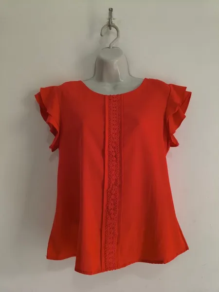 Blusa Feminina com Manga Babado e Renda Vermelha - Tam. M