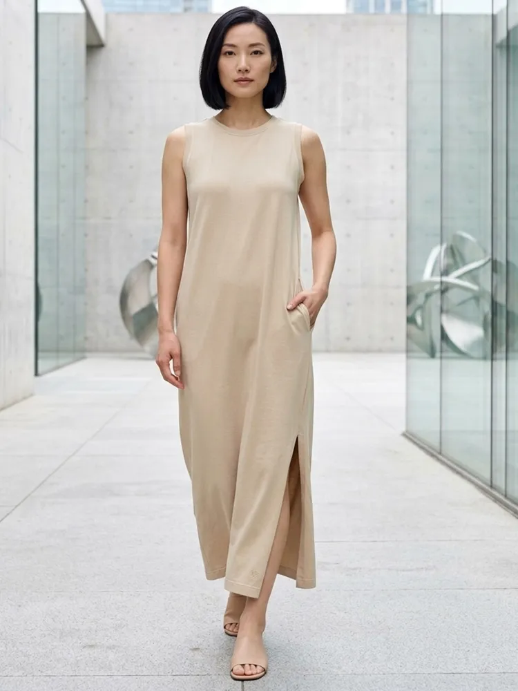 Vestido Longo Bege com Bolsos e Fenda - Tam. M