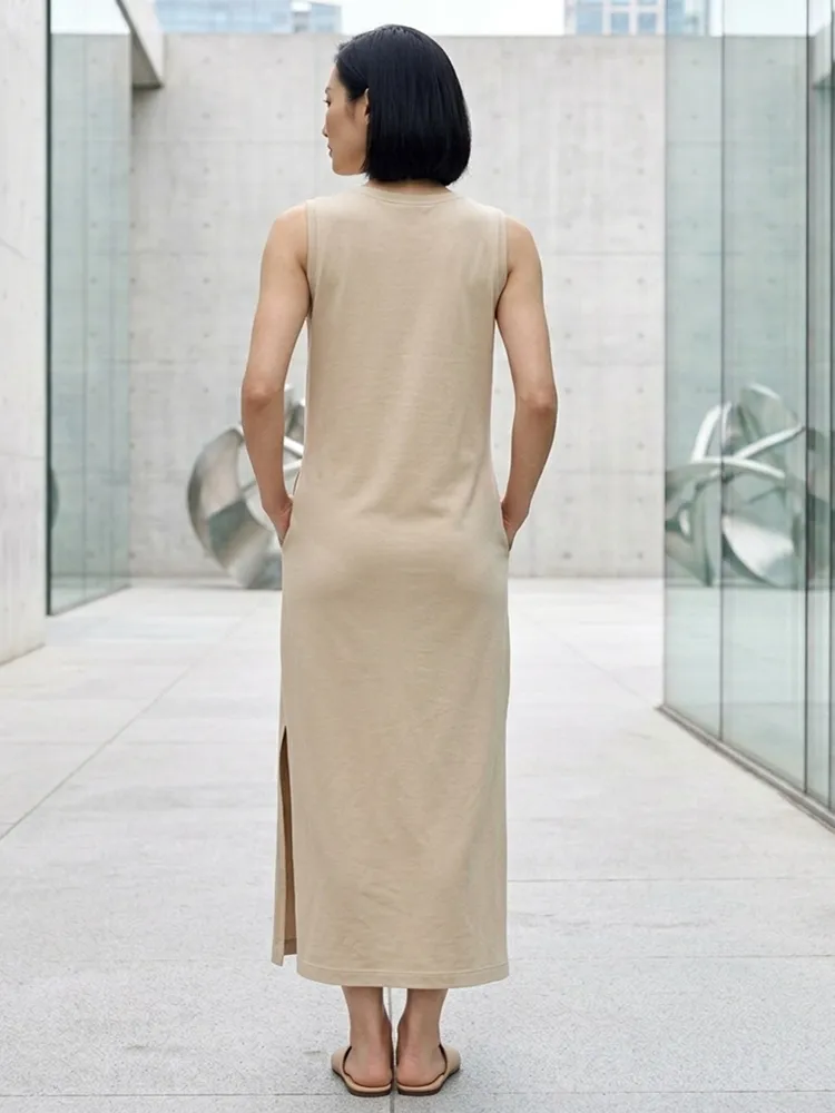 Vestido Longo Bege com Bolsos e Fenda - Tam. M