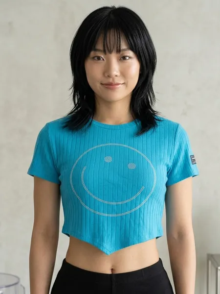 Cropped Canelado Azul com Estampa Smiley de Strass - Tam. P