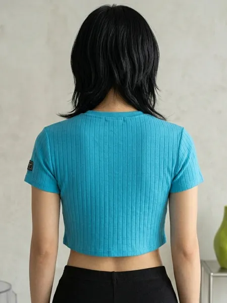 Cropped Canelado Azul com Estampa Smiley de Strass - Tam. P