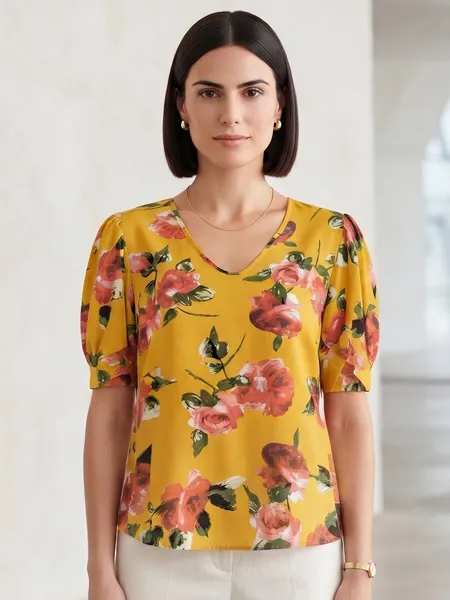 Blusa Feminina Amarela Floral com Manga Princesa - Tam. P